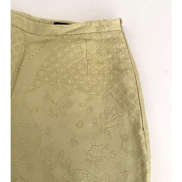 Vintage Rena Lange Coat Pant Set 6 Soft Yellow-Green Jacquard Silk Beaded Belt - Picture 8 of 12
